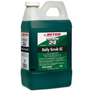 A 2-liter bottle of BETCO FASTDRAW #24 DAILY SCRUB SC FLOOR CLEANER, featuring a white handle and green liquid inside, is labeled for heavy-duty cleaning.