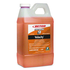 A 2-liter container of BETCO FASTDRAW #9 Velocity Degreaser with a handle, featuring a green earth certification logo on the front label.