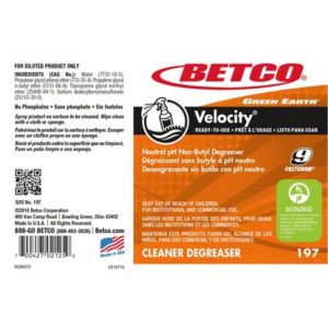 Label for LABEL GREEN EARTH VELOCITY - END USER STICKER Cleaner Degreaser. Includes instructions, ingredients, safety warnings, and contact information. Features a logo, product description, and certification logos.