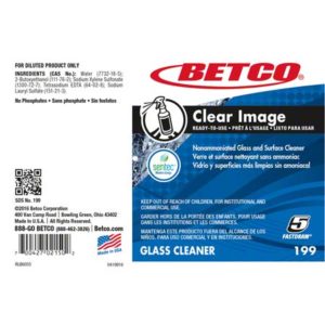 The LABEL CLEAR IMAGEEND USER STICKER displays usage instructions, ingredients, safety warnings, and contact information for the manufacturer of Betco Clear Image glass cleaner.