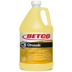 A gallon container of BETCO CITRUSUDS Lemon Scented Pot & Pan Detergent, designed for cleaning dishes.