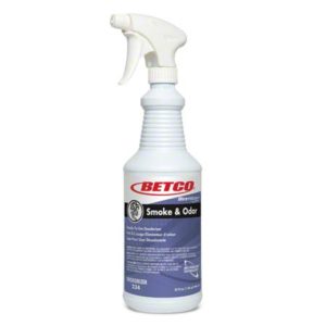 A white spray bottle labeled "BETCO BEST SCENT SMOKE & ODOR ELIMINATOR 12Q/CS" with a trigger nozzle, designed for eliminating smoke and various odors.