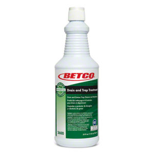 A 32oz white plastic bottle of BETCO DRAIN & TRAP TREATMENT/ENZYME BOOSTER with a green label and white cap, designed for cleaning traps and drains.