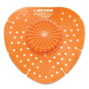 An orange urinal screen featuring holes and a central circular grid, branded as "BETCO Smart Screen with BioActive Enzymes - Citrus 12/bx.