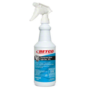 A white spray bottle labeled "BETCO FIGHT-BAC RTU DISFKILLS TB & MRSA" with blue and white text.