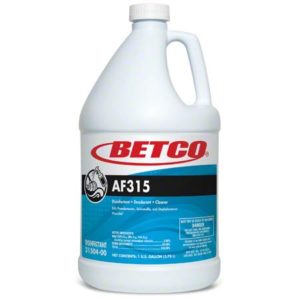 A white gallon container of BETCO AF315 NEUTRAL DISINFECTANT, deodorant, and cleaner with a blue label detailing its uses and safety information, sold in a case of four.