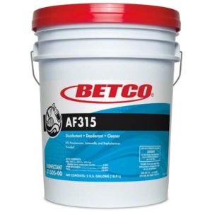 A 5-gallon pail of BETCO AF315 Neutral Disinfectant, Deodorant, and Cleaner with a white body and red lid.