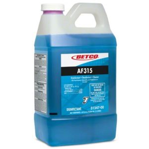 The Betco AF315 Neutral Disinfectant, Deodorizer, and Cleaner (FastDraw #7) comes in a blue plastic container with a white label and a black cap, available in 2-liter bottles packaged 4 per case.