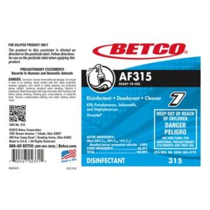 Label of LABEL AF315 DISF/DET/DEOEND USER STICKER showing product description, usage instructions, precautionary statements, and hazard warnings.