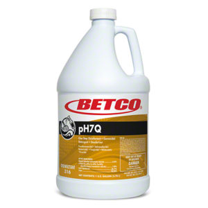 A gallon-sized container of BETCO PH7Q Neutral Floor Disinfectant with a white handle and orange label, featuring prominent product branding, available in a 4-case pack.