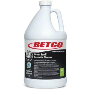 A white plastic gallon jug of BETCO GREEN EARTH PEROXIDECLEANER with a white handle and a label featuring red and green text and logos. The container holds 1 gallon (3.78L) of cleaning solution and offers a 1:20 dilution ratio.