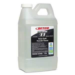 A large plastic container labeled "BETCO FASTDRAW #11 GREEN EARTH PEROXIDE GP CLEANER" with a handle and white cap, designed for dilution in cleaning procedures and available in a 4/2 liter case.