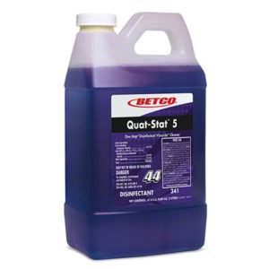 A plastic jug labeled "BETCO FASTDRAW #44 QUAT-STAT 5 ALKALINE DISINFECTANT," containing a disinfectant/virucide cleaner. The jug has a white cap and purple liquid inside.