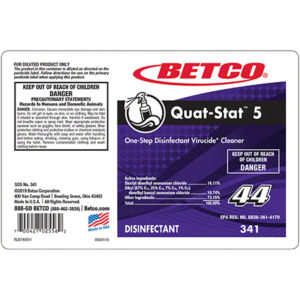 The LABEL QUAT-STAT 5 - END USER STICKER for Betco Quat-Stat 5 disinfectant cleaner includes the product name, safety warnings, usage instructions, and a logo. It contains 16.11% active ingredient and is indicated for use as a virucide with no rinse required.