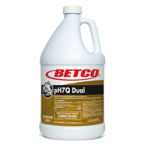 A white gallon container of BETCO pH7Q DUAL NEUTRAL DISINF4G/CS. The label includes text indicating its use as a one-step disinfectant, cleaner, and deodorizer.