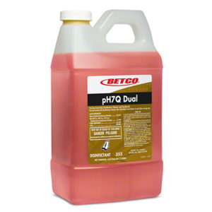 A container of BETCO FASTDRAW #4 pH7Q DUAL NEUTRALpH DISINFECT, featuring a yellow safety cap and red label, filled with a pink cleaning solution.