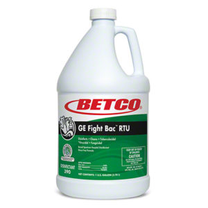 A one-gallon bottle of BETCO GREEN EARTH FIGHT BACRTU disinfectant, featuring a white and green label that lists its disinfecting properties and usage instructions.