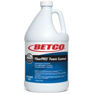 A gallon-sized bottle of Betco FiberPRO Foam Control Concentrate. The label indicates it is a liquid defoamer for foam control.