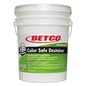 A 5-gallon bucket of BETCO Color Safe Destainer 330 Concentrated, a liquid oxygen destainer, featuring a green and white label.