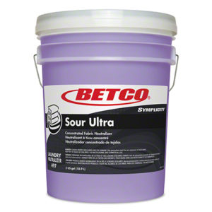 A 5-gallon pail of SIMPLYCITY SOUR ULTRA 5G, a concentrated fabric neutralizer, labeled with the product details and branded with the Betco logo.