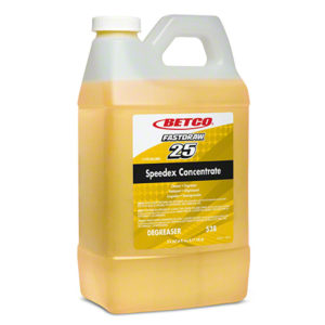 A 2-liter container of BETCO FASTDRAW #25 Speedex Degreaser, featuring a yellow liquid inside and a white cap, comes as part of a case containing four units.