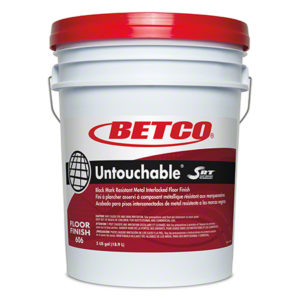 A white 5-gallon bucket labeled "BETCO UNTOUCHABLE FLOOR FINISHLOW MAINTENANCE" with a black and red design and text.