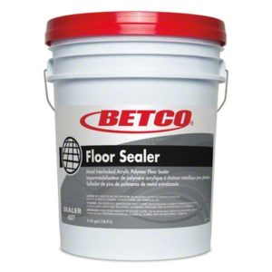 A 5-gallon white pail of BETCO FLOOR SEALER with a red lid, featuring "Betco," "Floor Sealer," and product details on the label.