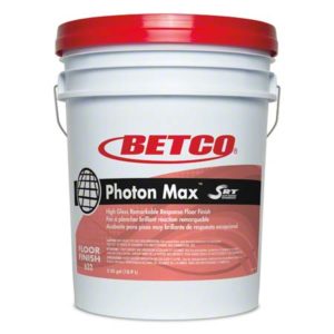 A white 5-gallon bucket with a red lid containing BETCO PHOTON MAX SRTHIGH GLOSS FLOOR FINISH WITH, featuring product branding and specifications on the label.