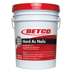 A white 5-gallon pail with a red lid, labeled "BETCO Hard As Nails 18% Solids Floor Finish" for hard film floors.