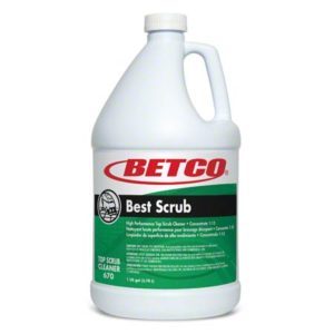 A gallon jug of BETCO BEST SCRUB TOP SCRUB FLOOR CLEANER with a green label.