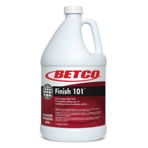 A white gallon bottle of BETCO FINISH 101 25% Solids Floor Finish, an acrylic polymer floor finish, with a red and white label.