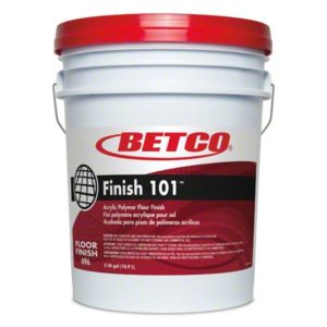 A white bucket with a red lid featuring the Betco logo, labeled "BETCO FINISH 101 25% SOLIDS FLOOR FINISH - 5 GALLON PAIL". The label includes text in English and French.