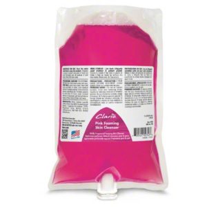 A refill pack of BETCO Clario Pink Foaming Hand Soap, which includes product information and a dispensing nozzle at the bottom.