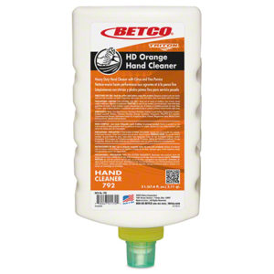 A bottle of HD Orange Heavy Duty Hand Cleaner, labeled in orange and designed for tough hand cleaning tasks. This product comes in a 2-liter Triton bottle with a bottom pump dispenser and features the use of citrus without pumice.