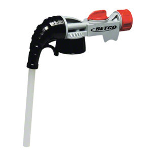 A gray and black hose sprayer attachment with red and black components, labeled "BETCO," featuring a nozzle and trigger mechanism, known as the BETCO FASTDRAW FREEDOM DISPOSABLE CHEMICAL DISPENSER.