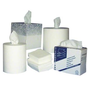 Among the displayed products are various types of white paper towels and tissues, such as the WIPER HEAVY WEIGHT POP UP BOX with sheet dimensions of 9.5"x16" (kc-5790), along with center-pull rolls and interfold tissues, all shown with their packaging.