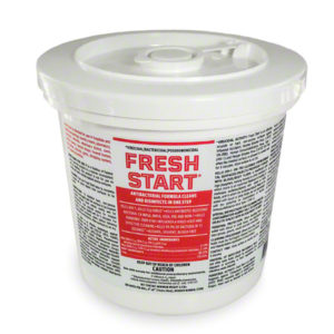 A white bucket labeled "FRESH START DISINFECTING WIPES IN A BUCKET" containing 300 antibacterial wipes, detailed usage instructions, and warnings printed on the label.