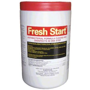 A canister of "FRESH START DISINFECTING WIPES" with a red lid, marketed as offering cleaning and disinfecting in one step, complete with instructions and ingredient details on the label. Each canister contains 160 wipes, and they are sold in cases of six.