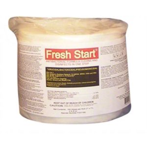 A sealed package labeled "FRESH START DISINFECTING WIPES" containing antibacterial wipes for cleaning and disinfecting surfaces, available in a roll of 700 wipes with 2 rolls per case.