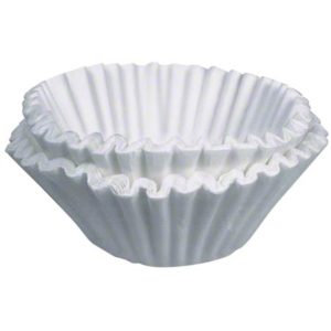 A case of 1000 COMMERCIAL COFFEE FILTERS (12-cup size) in white fluted paper, arranged in a nested fashion.