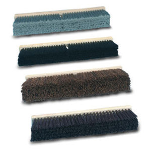 The 36" gray flagged bristles push broom with a hardwood block, designed for fine sweeping on smooth surfaces, features four different broom heads in blue, black, brown, and dark gray arranged in a vertical stack.