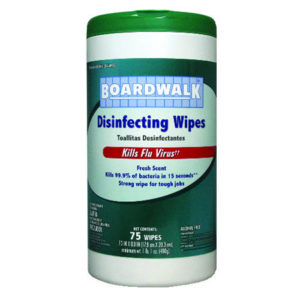 A canister of BOARDWALK DISINFECTING WIPES, FRESH contains 75 wipes. The label indicates it kills 99.9% of bacteria in 15 seconds, has a fresh scent, and is strong for tough jobs.