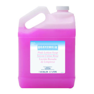 A one-gallon container of Boardwalk Pink Lotion Hand Soap, with labels in both English and Spanish, clearly marked as a cleaning product.