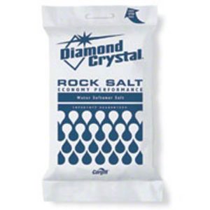 A white bag labeled "QUIKRETE Rock Salt," used for water softening, with blue text and a pattern of blue water droplets on the lower half; 50 pounds per bag.