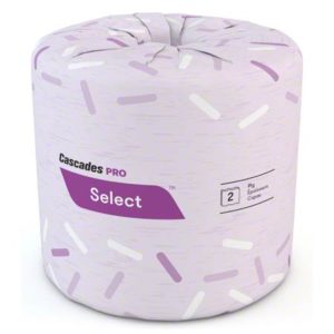 A roll of B040 Select 2-ply toilet tissue, featuring a purple and white design on the packaging, contains 500 sheets and comes in cases of 96 rolls.