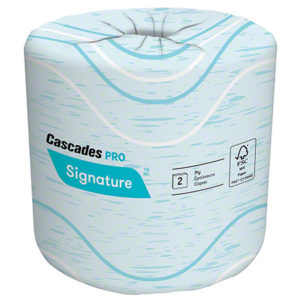 Roll of B625 Signature Toilet Tissue with blue and white packaging, featuring the brand name and product details including 2-ply and FSC certification, 400 sheets per roll, available in cases of 48 rolls.