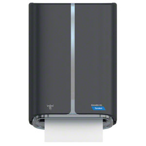 A wall-mounted CS350 Cascades Tandem Electronroll Towel Dispenser in dark gray, featuring a sleek design and displaying a single white paper towel ready for use.