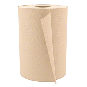 A large roll of H035 SELECT 8" KRAFT ROLL TOWEL - 350'/roll in beige, featuring a textured surface, is shown with a section of the paper partially unrolled.