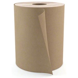 A large roll of the H065 SELECT 8" Kraft Roll Towel, 600 feet long, with the end slightly peeled back.