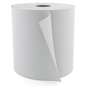 A partially unrolled sheet from a large roll of H080 SELECT 8" White Roll Towel, which comes in an 800-foot roll and is sold in cases of six rolls.